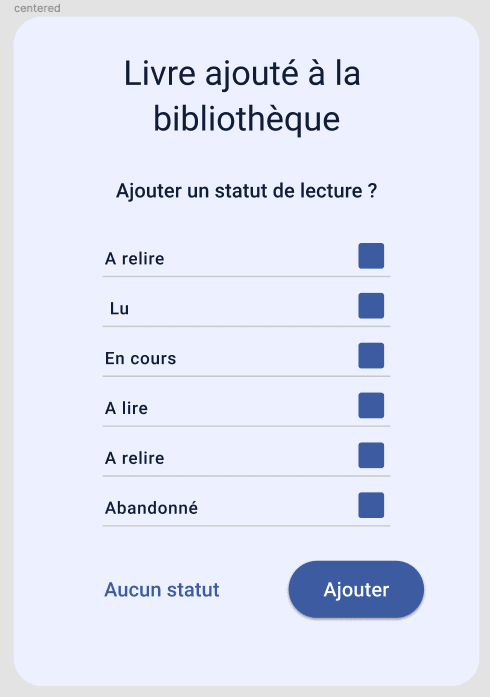 Modale d'ajout d'un livre à la bibliothèque après résultats du test.