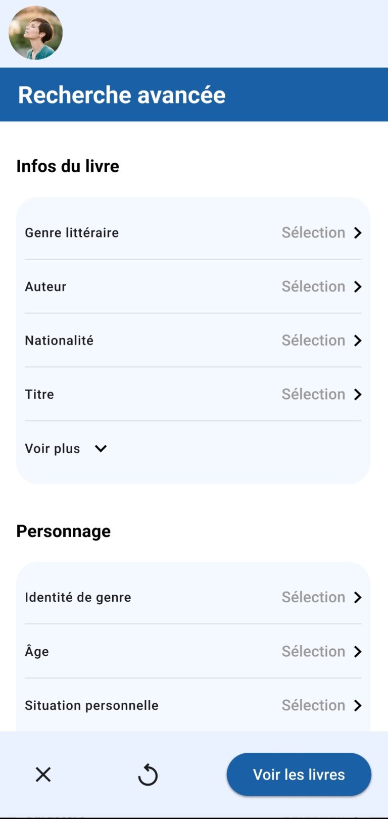 Écran du questionnaire de la recherche avancée.